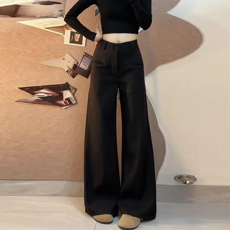 High-End and Stylish Black Suit Pants for Women, Summer 2026 New Model, High-Waisted, Drapey, Slim-Fit, Slightly Flared Wide-Leg Trousers Black (Petite Size) XS