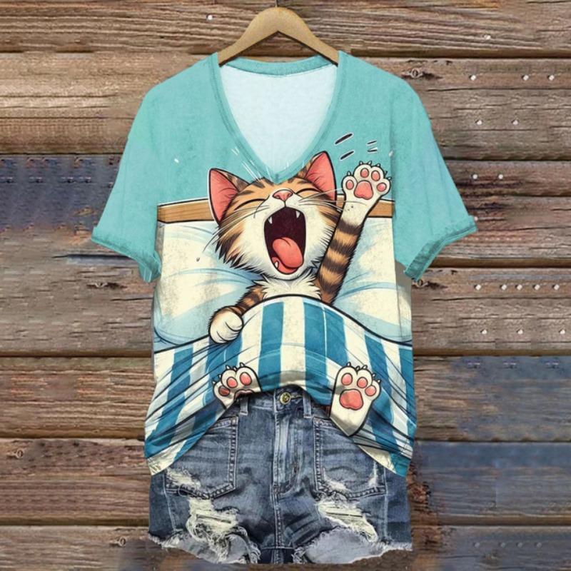

Літня Мода V-подібний виріз Жіночі футболки Принт кота Смішна Футболка з коротким рукавом Повсякденний Вільний Дизайнерський Жіночий одяг Футболки Топи XL