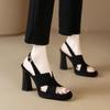 Heels Shoes Women Sandals Square Toe Thick Heeled Pumps Elegant Back Strap Black Leather Shoes 39 40 Sizes Outside