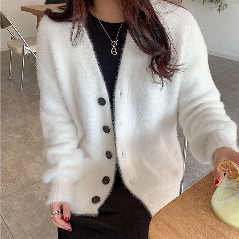 Japanese Style V-Neck Loose Knit Mink Cardigan - Spring/Autumn 2025 Fashion Sweater for Women