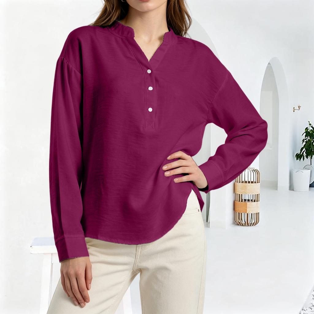 Women's Fashion Casual Loose Pleated Button-Up Long Sleeve  Color Pullover Shirt Top