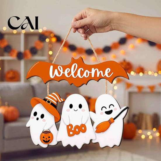 Seasonal Festive Photo Props Cute White Ghost Halloween Door Hanger, Pumpkin Witch Hat Welcome Happy Fall Farmhouse Decor Sign, Easy Hang for