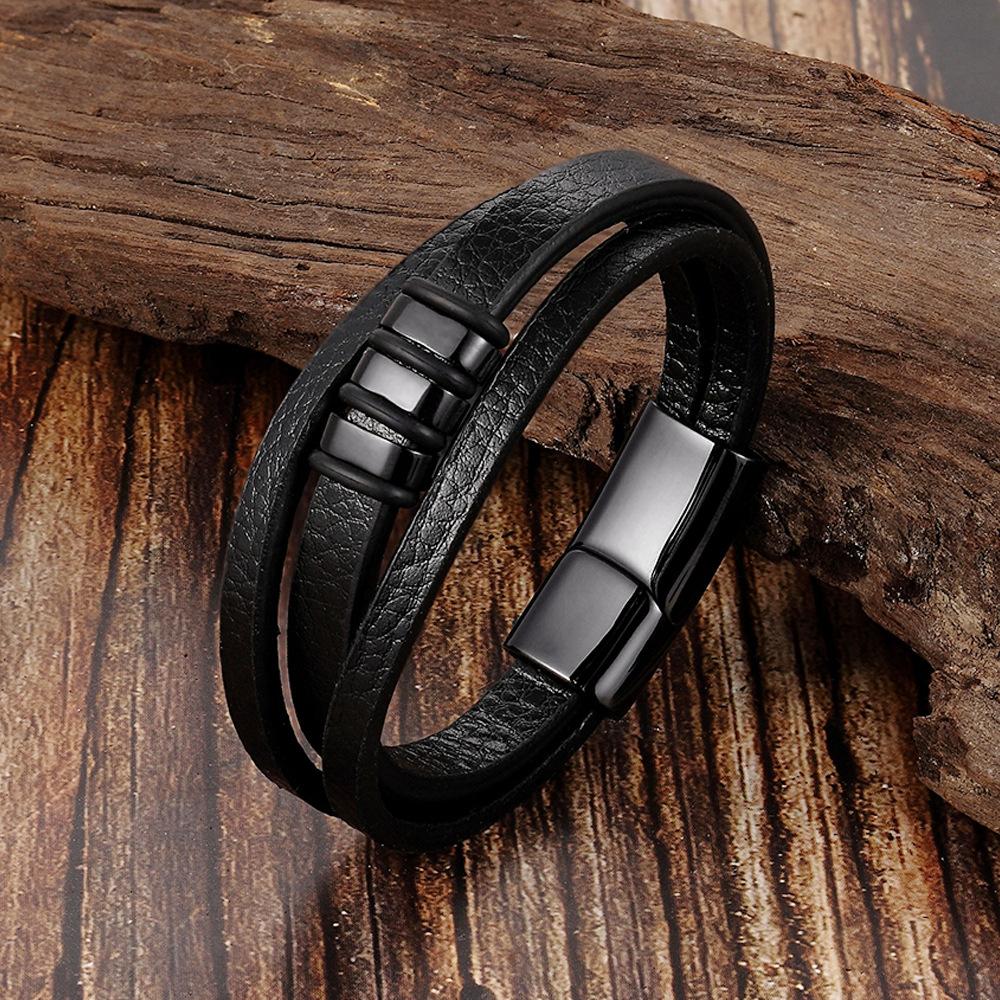 Men's Black Leather Bracelet Double Layer Rope Simple Stainless Steel Braided Handmade Wristband Outdoor Jewelry Accessories