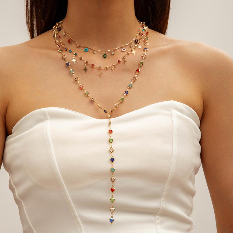 Accessories Colored Crystal Metal Collarbone Necklace, Long Imitation Pearls Stacked On Top of Each Other, Wearing Y-shaped Necklace Women
