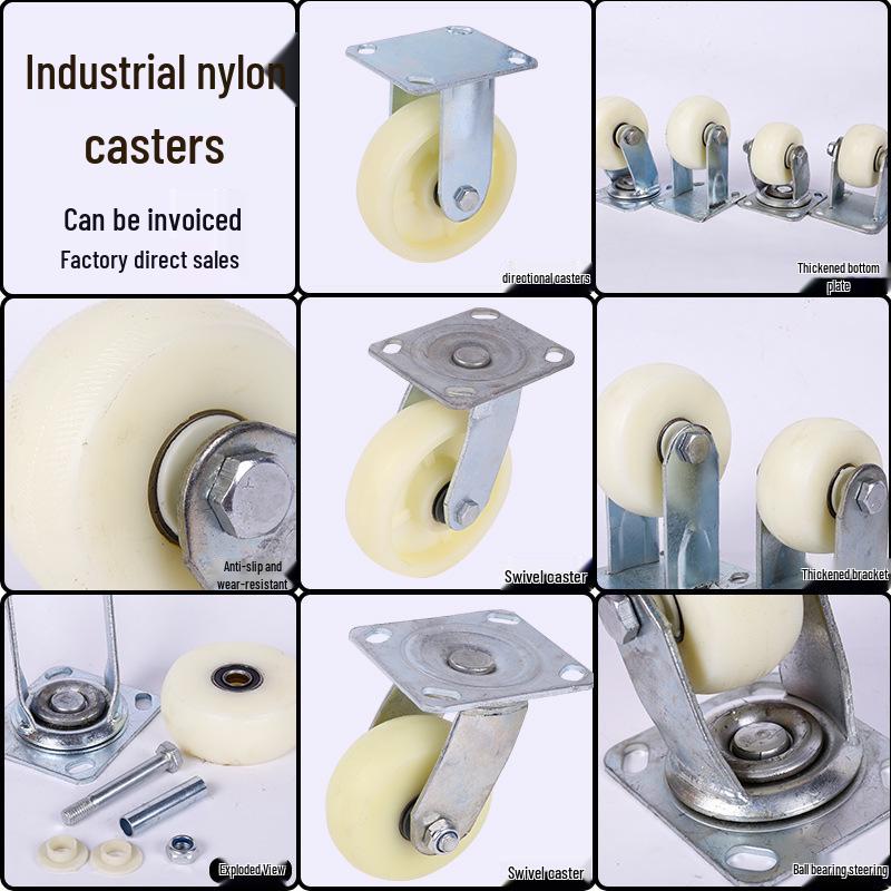 4" to 8" Heavy-Duty Nylon Casters - Double Bearing Swivel, Wear-Resistant Wheels for Trolleys
