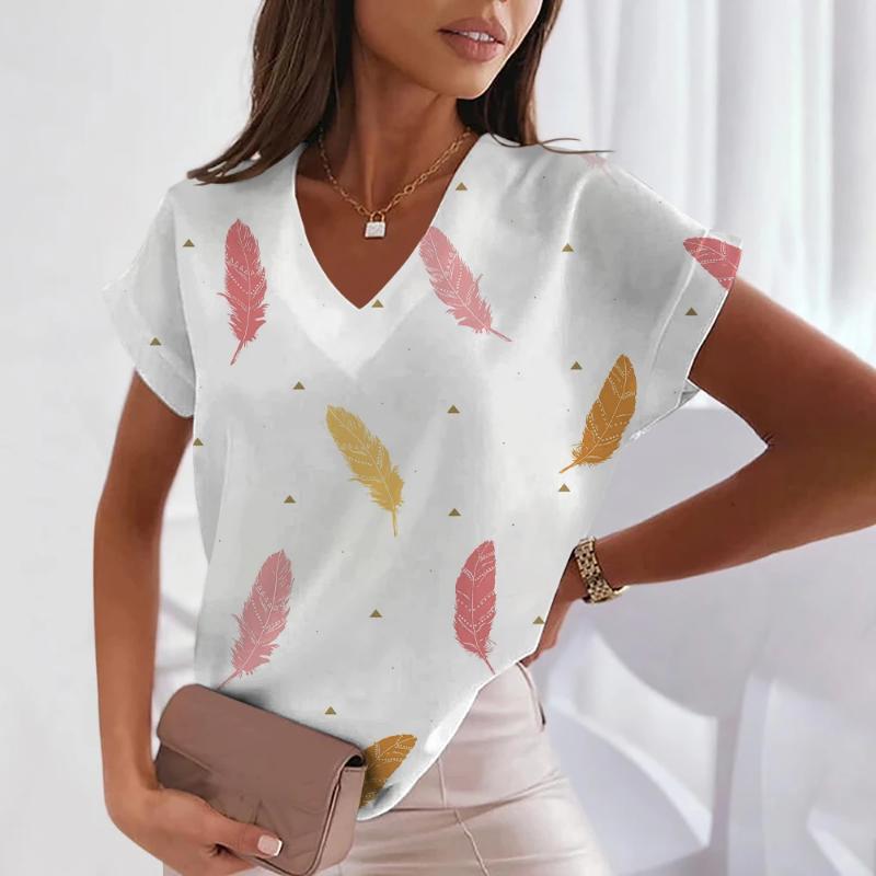 Summer Short Sleeve T-Shirt Feather Pattern 3D Women's Tops V Neck Women's Plus Size Women's Fashion Y2k Street Trend Clothing