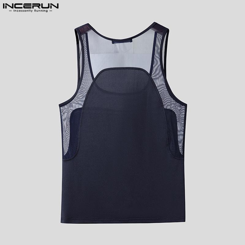 INCERUN Two Pieces Men Mesh Sheer Sleeveless Tank Tops and Shorts Sport Home Outfits Sets
