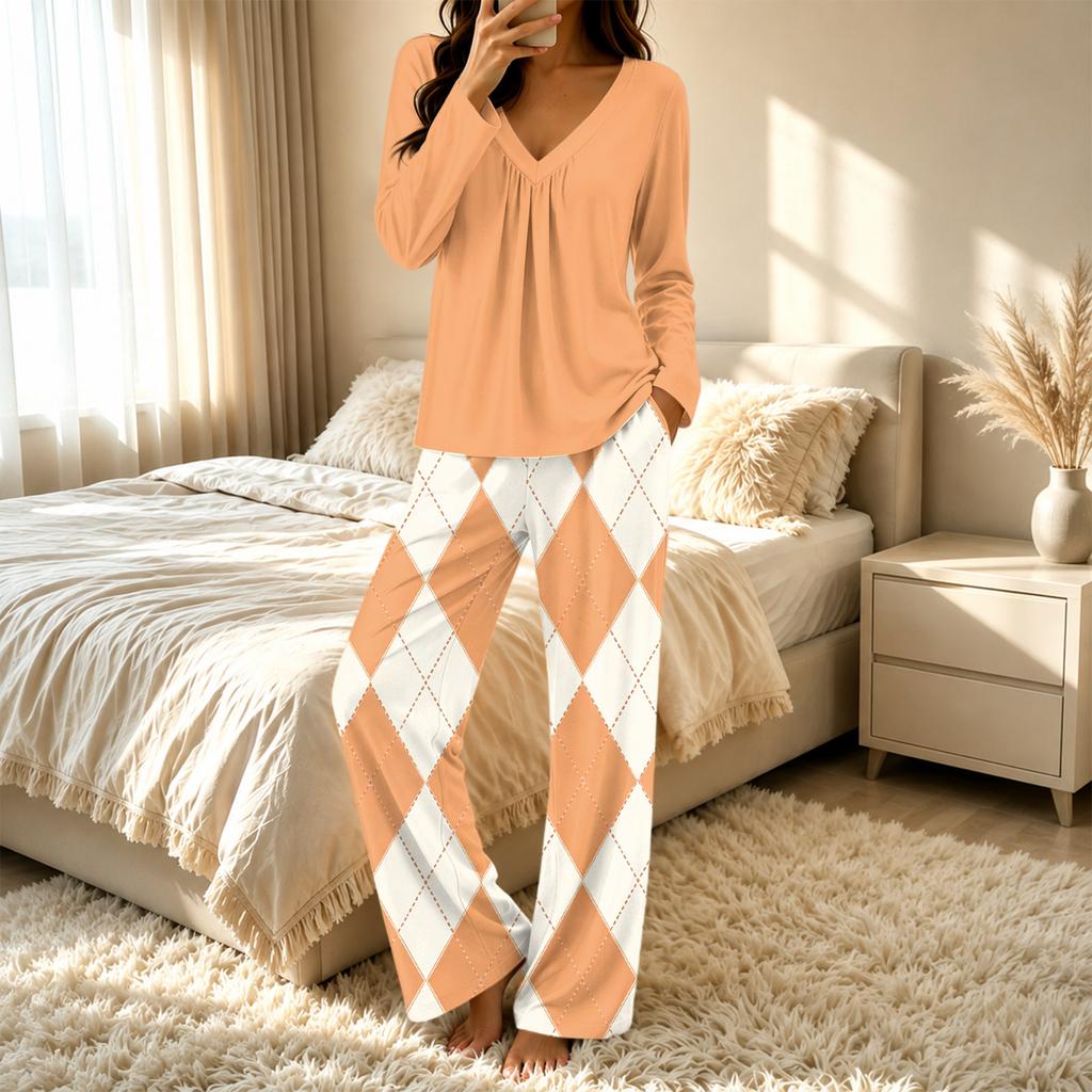 Women's V-Neck Loose Fit Printed Pajama Set Two Piece Sleepwear for Casual