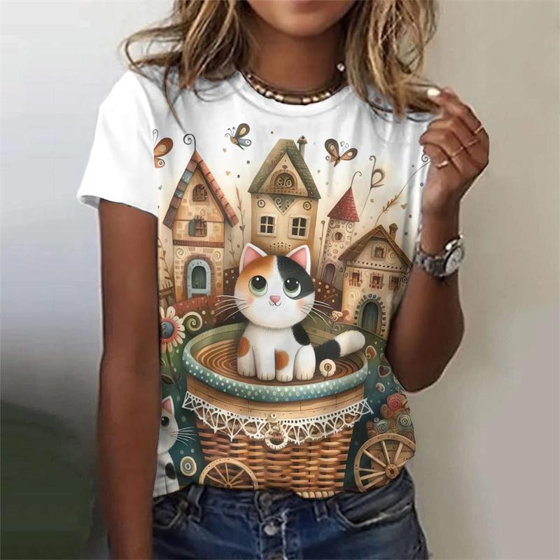 3D Printed Cute Cat T-Shirt For Women Flower Plants Animal Graphic Tees Summer Casual Loose T Shirts O-Neck Tops Short Sleeves