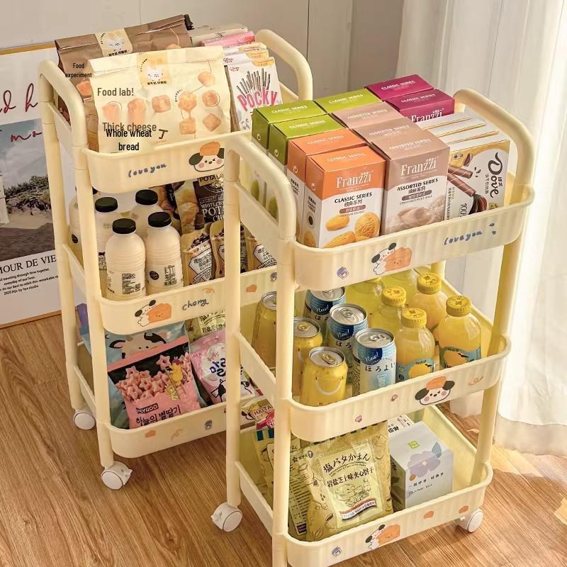 Large Capacity Multi-Layer Snack and Storage Trolley - Movable, Cream Style, Ideal for Dormitory or Bedside Use