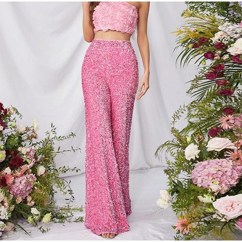 Sexy Women Nightclub Elastic High Waist Casual Loose Wide Leg Glitter Sequin Bell Bottom Pants 2025 New Female Party Trousers