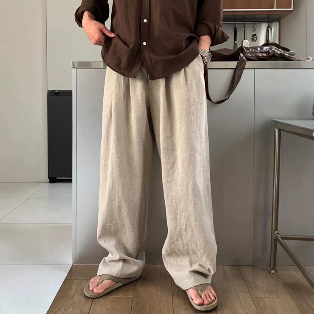 Temperament high-grade light-cooked hemp-blend double-pinch pleated summer semi-elastic waist straight-leg pants for men