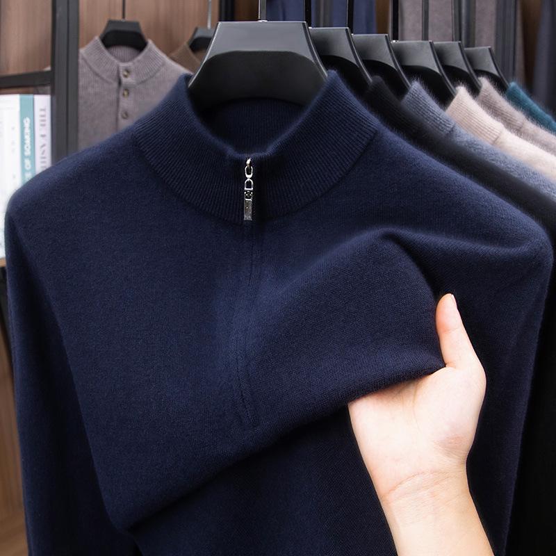 Men's Pure Wool Half-High Collar Zipper Sweater - Soft & Skin-Friendly Base Layer for Autumn/Winter.