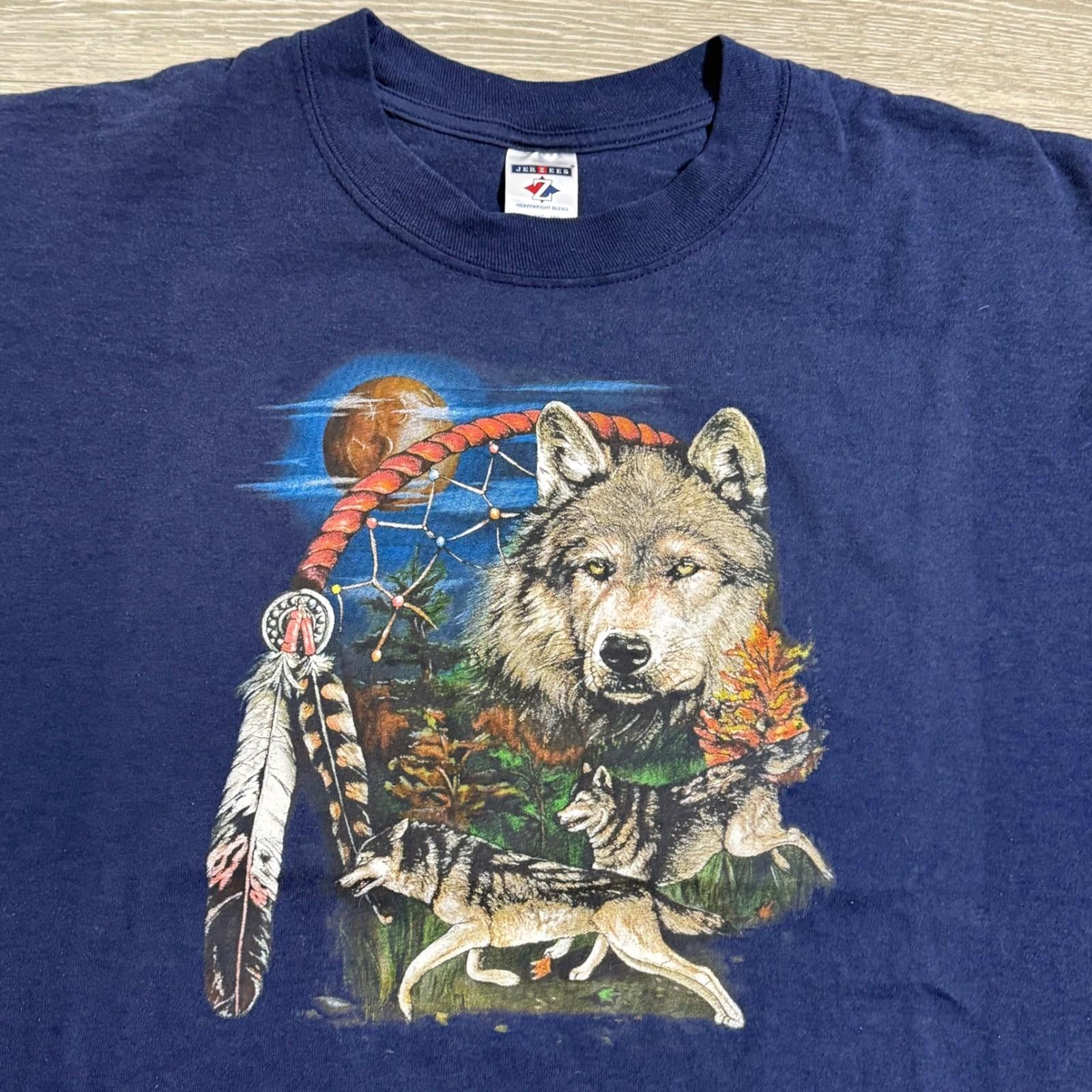 Vintage Wolf Dreamcatcher Graphic Tee Native Nature Wolves 2XL Navy Blue Y2K L