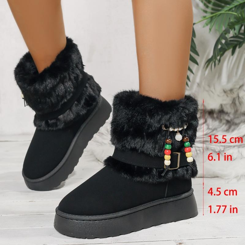 Winter Large Size Beaded Wool Thickened Cotton Shoes Women's Cross-border Round Head Plush Thick-soled Warm Snow Boots