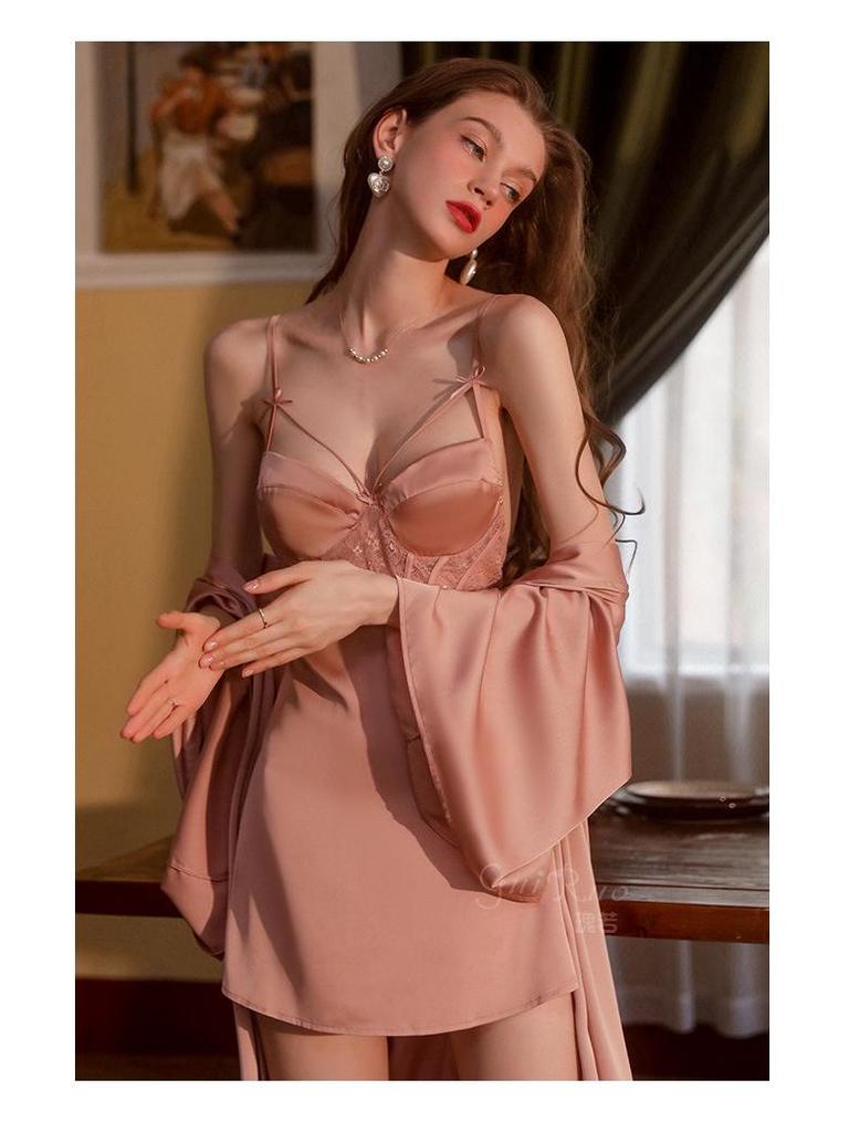 Gorgeous Backless Satin Nightgown and Outer Robe Set for Women - Summer Casual, Breathable Homewear