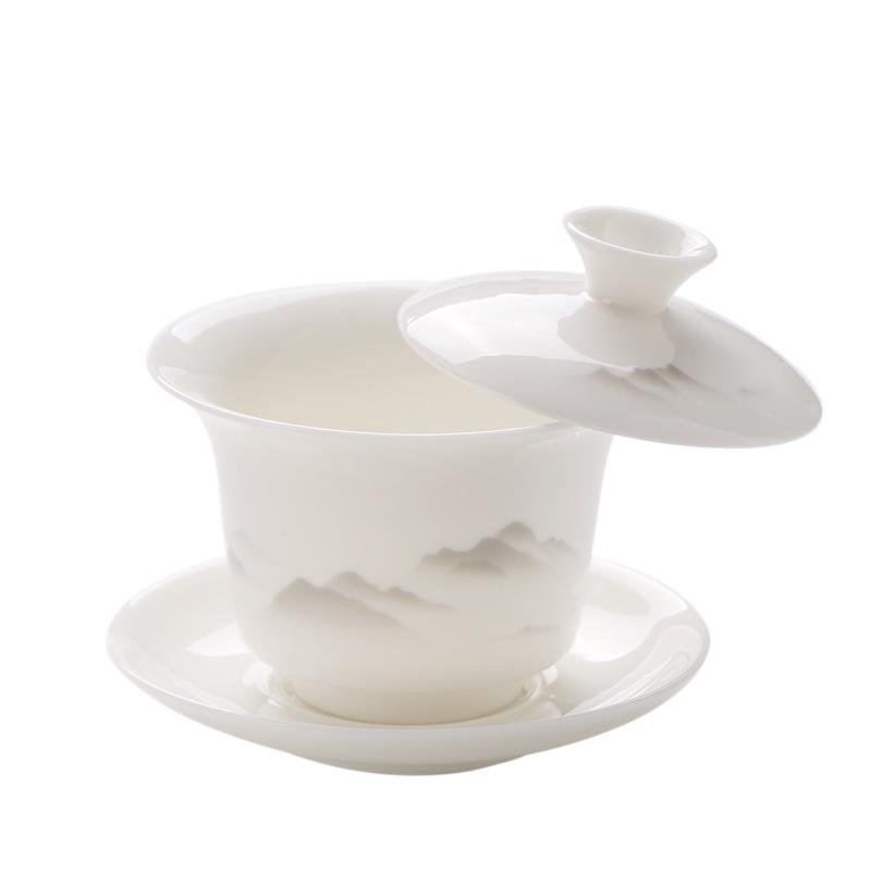 Sheep Fat Jade Porcelain Rotating Gaiwan High-End Ceramic Gongfu Tea Set