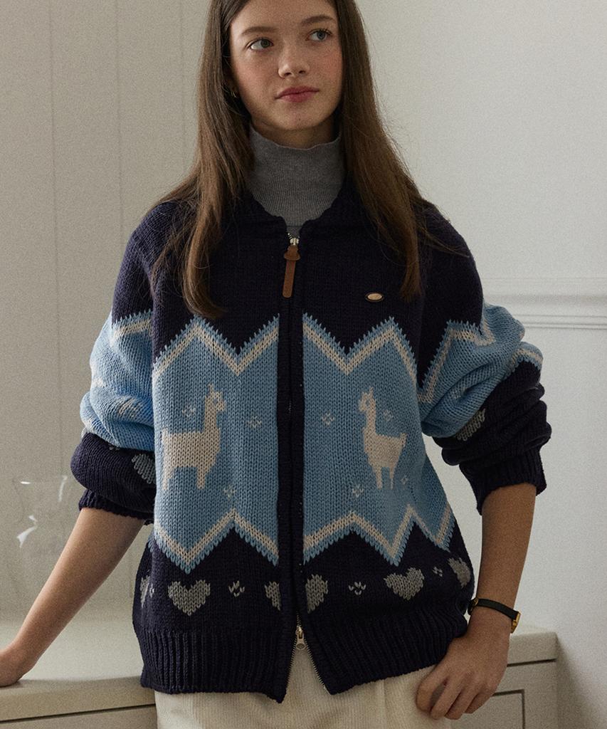 OURHOPE Alpaca Pattern Cowichan Knit Cardigan - Navy