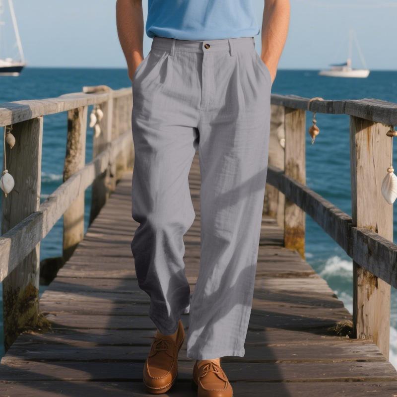 Pánské módní jednobarevné lněné pánské goulashové ležérní volné business kalhoty