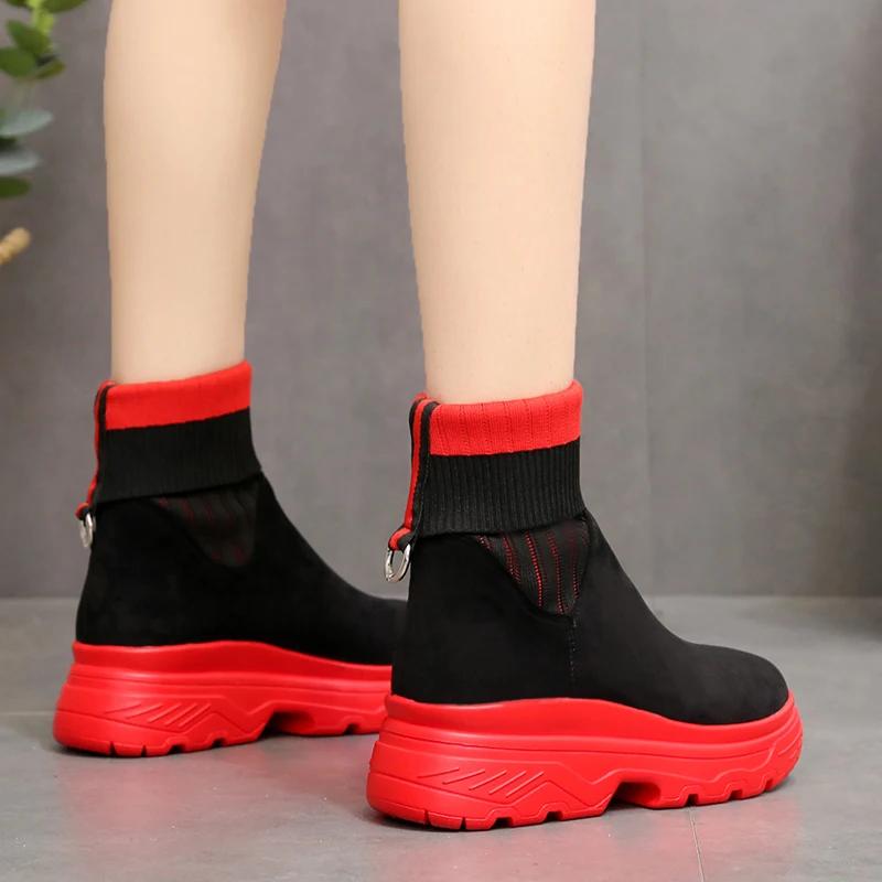 Mode Damen Schuhe 2024 Übergröße Halbwaden Damenstiefel Gestrickte Stretchstiefel Damen Runde Zehe Slipper Mittelhoch Absatz Plateauschuhe Damen