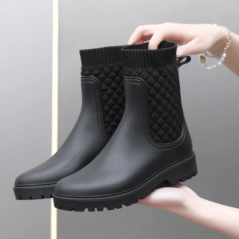 1 Pair of Women's Short Chelsea Rain Boots Fashionable U-Shaped Fly Woven Rain Boots Pvc Non-Slip Waterproof Rubber Shoes
