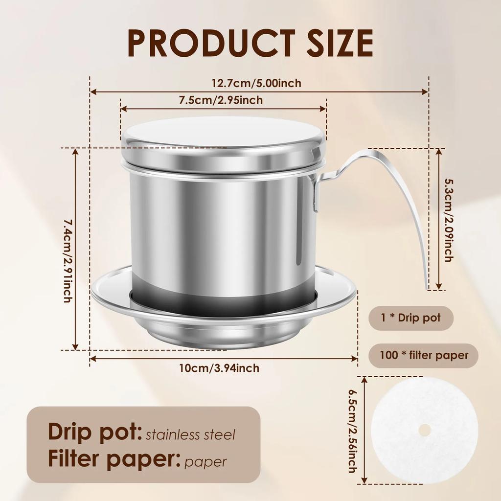 Filtro per Caffè Vietnamita Acciaio Inossidabile Phin Caffettiera a Goccia Pressa con 100 Pezzi Carta Filtro per Casa Ristorante Viaggio