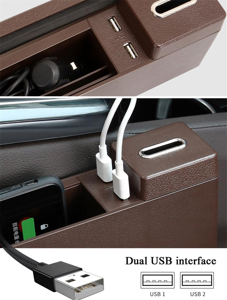 Black Plastic Car Seat Crevice Storage Box with USB Port Wireless Charging Board