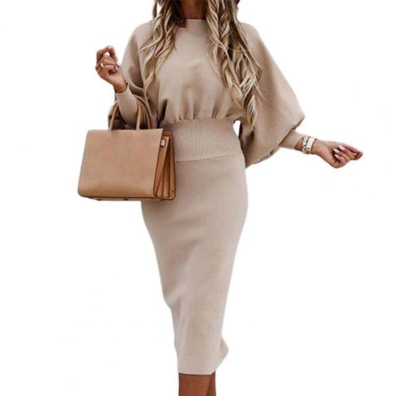 

Balloon Sleeve O Neck Office Ladies Winter Dress Women s New Beige 3XL