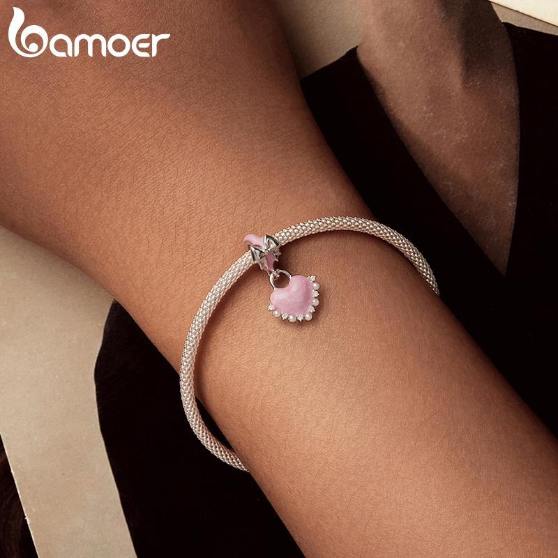 AMOER Solid 925 Srebro Sterling Różowe Serce Charm Koralik pasuje Oryginalna Bransoletka i Naszyjniki Biżuteria Bamoer Infinity Love Charm