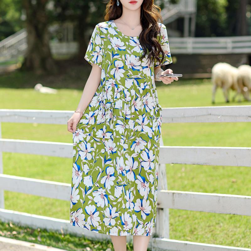 Vintage Print Long Dresses for Women Plus Size Short Sleeve Casual Summer Dress Elegant Middle-aged Women's Clothing