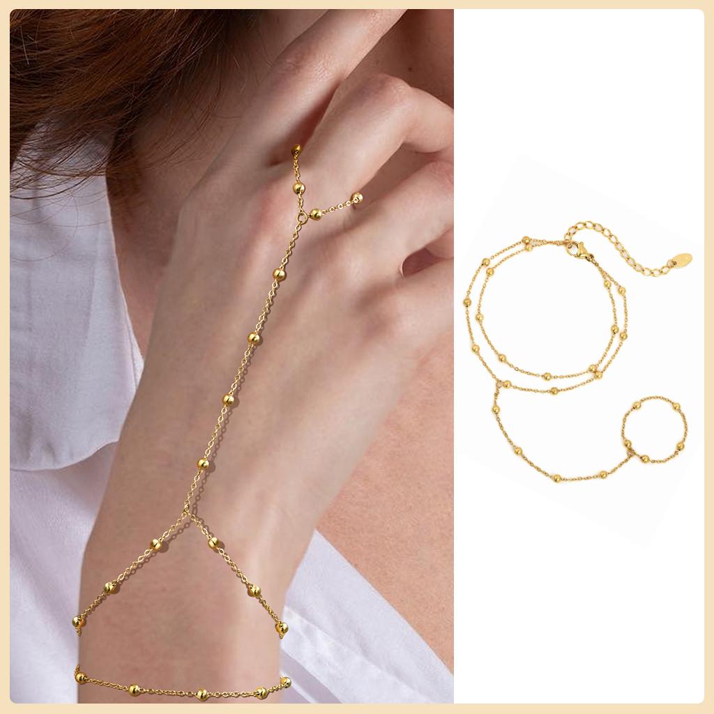 Bracciale Anello a Catena a Mano in Acciaio Inossidabile per Donna, Braccialetti Dita a Doppio Strato Placcati Oro Regolabili, Gioielli per Feste Estive