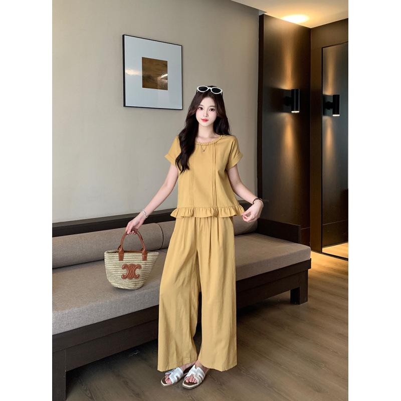 

2026 Spring/Summer Plus Size Women s Sweet Ruffled Sleeve Wide-Leg Pants Set. 4XL жовтий/імбирний