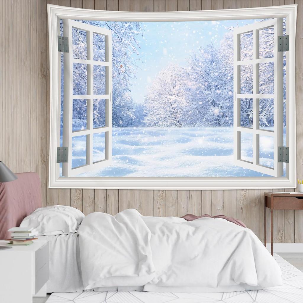Christmas Studio Tapestry Wall Hanging Christmas Wooden Doors Windows Winter Snow Scene Xmas Trees Gifts Art Wall DecorChristmas