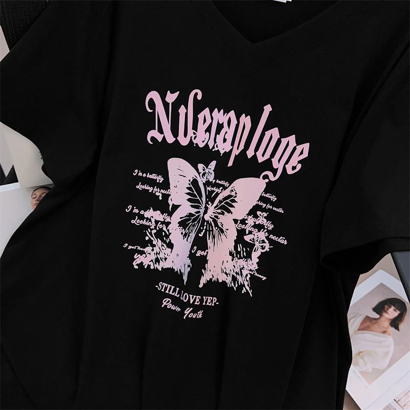 Plus Size Loose Mid-Length V-Neck Short-Sleeve T-Shirt for Women (200/300/350 Jin)