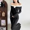 Autumn One-Shoulder Color Block Long Sleeve Mermaid Dress - Elegant Slimming Fashion for Women
