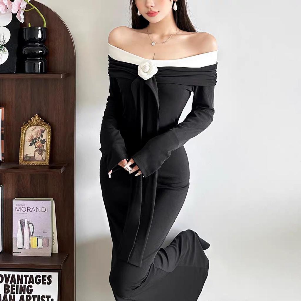 Autumn One-Shoulder Color Block Long Sleeve Mermaid Dress - Elegant Slimming Fashion for Women