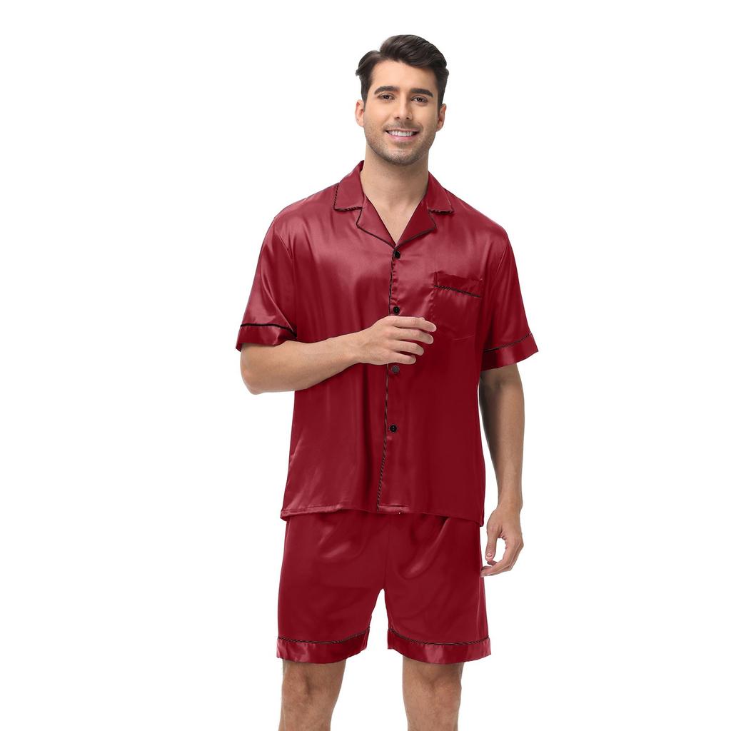 Großer Herren Kurzarm Shorts Satin Sommer Lässig Hauskleidung Pyjama Set