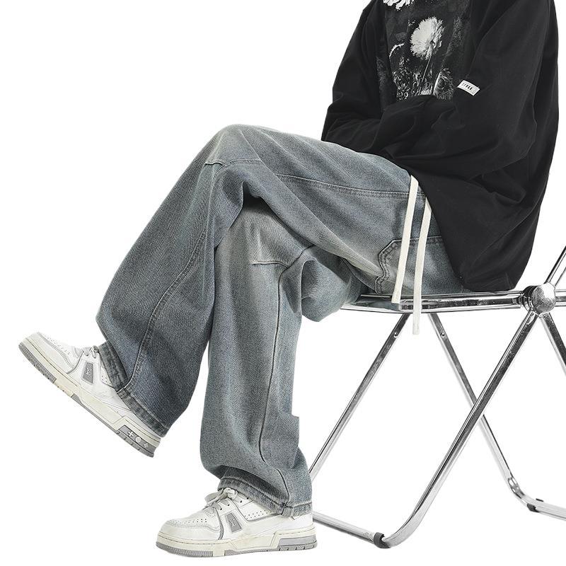 Spring and Autumn New American Retro Washed Jeans Men's Loose Straight-Piece Elastic Waist Wide Legs