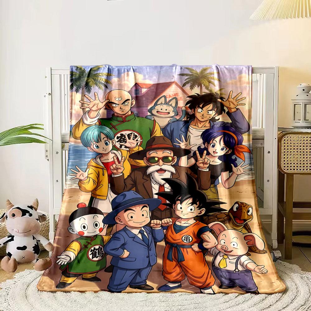 

A group of cheerful characters posing on a beach with palm trees and a house. for all seasons blanket lunch break throw gift 80cm x 120cm