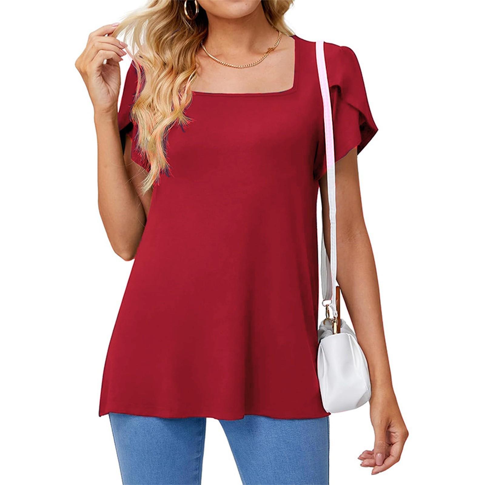 

Женская модная повседневная рубашка, однотонный пуловер с квадратным воротником, свободная футболка XL красный