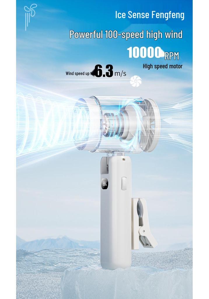 Portable USB Rechargeable Clip-On Fan with Digital Display and High Wind Power, Includes Handheld Cooling Ice Pack