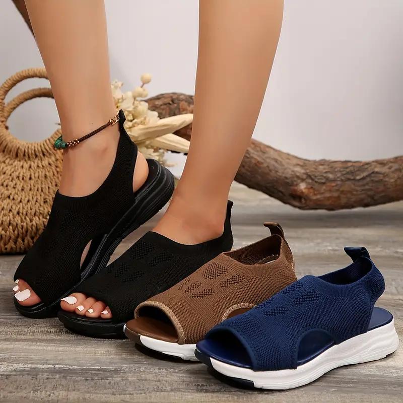 Women's Knit Upper Sandals, Breathable Peep Toe Elastic Slip On Shoes, Comfy Outdoor Sporty Sandals