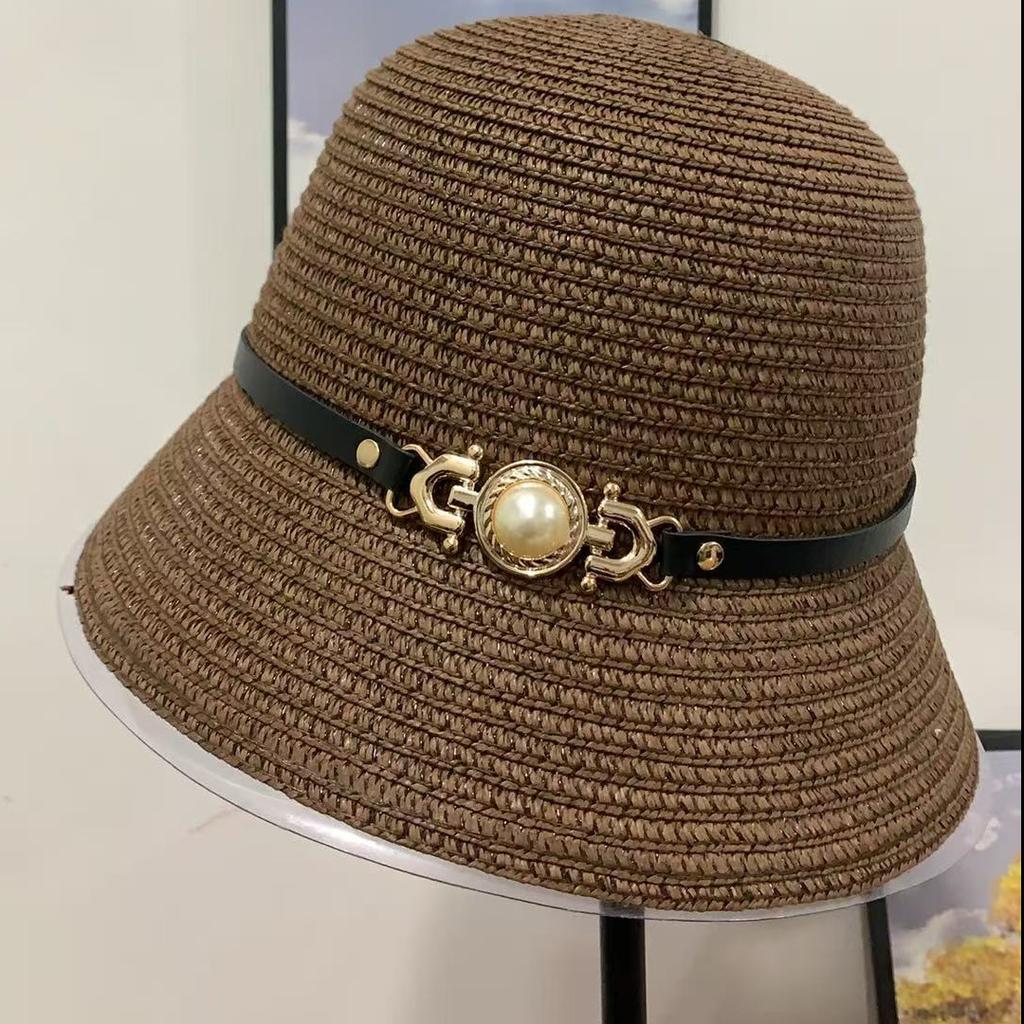Hepburn style French straw hat women's summer seaside vacation shading sun protection pastoral style literary and retro bucket hat self-operated