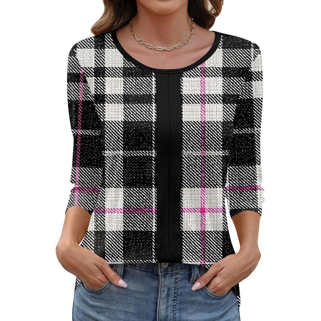 Women's Fashionable Casual Three Quarter Sleeve Printed Collar Pullover Top