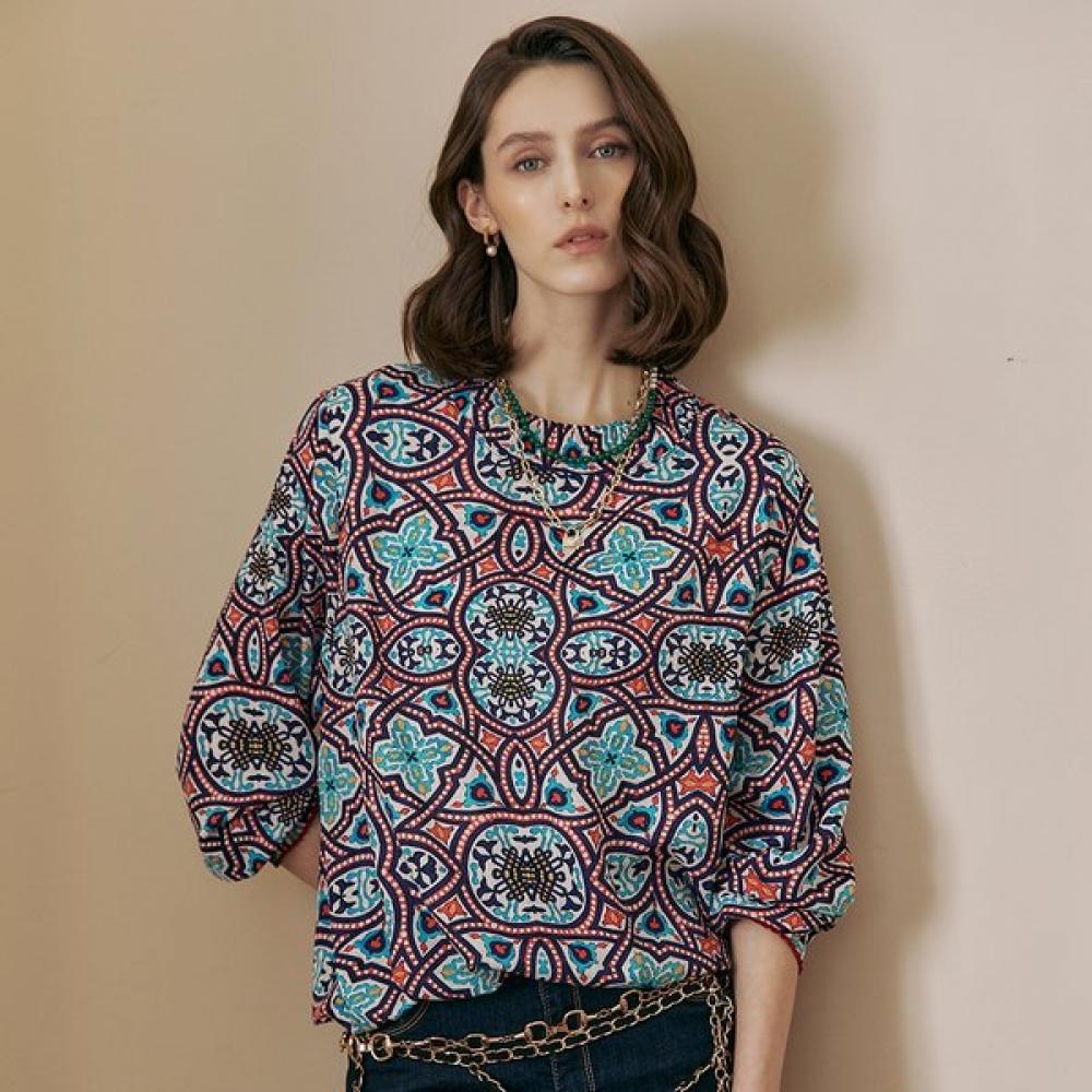 Maxza Colorful Oriental Pattern Pleats Neck Blouse Ze04qb600nh Blue/FREE