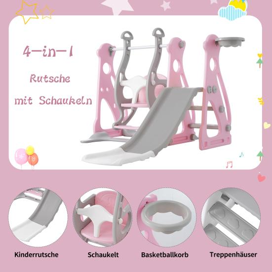 Kids Slide Swing Set, 4 In1 Baby Mini Playground, Freestanding Baby Playground with Non-Slip Ladder, Slide, Swing, Basketball Hoop Set