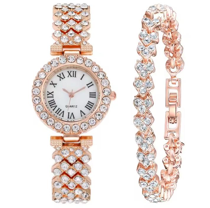 Trendy Roman Numerals Luxury Diamond-Encrusted Cuban Bracelet With Women'S Watch, Fashionable Hip-Hop Steel Watch