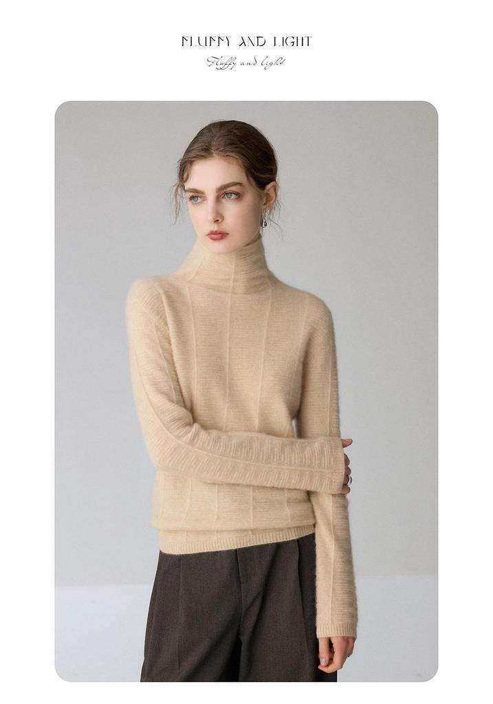 Women's High Neck Loose-Fit Cashmere Sweater - Soft, Slimming, Solid Color, Fluffy Knit Pullover Base Layer.