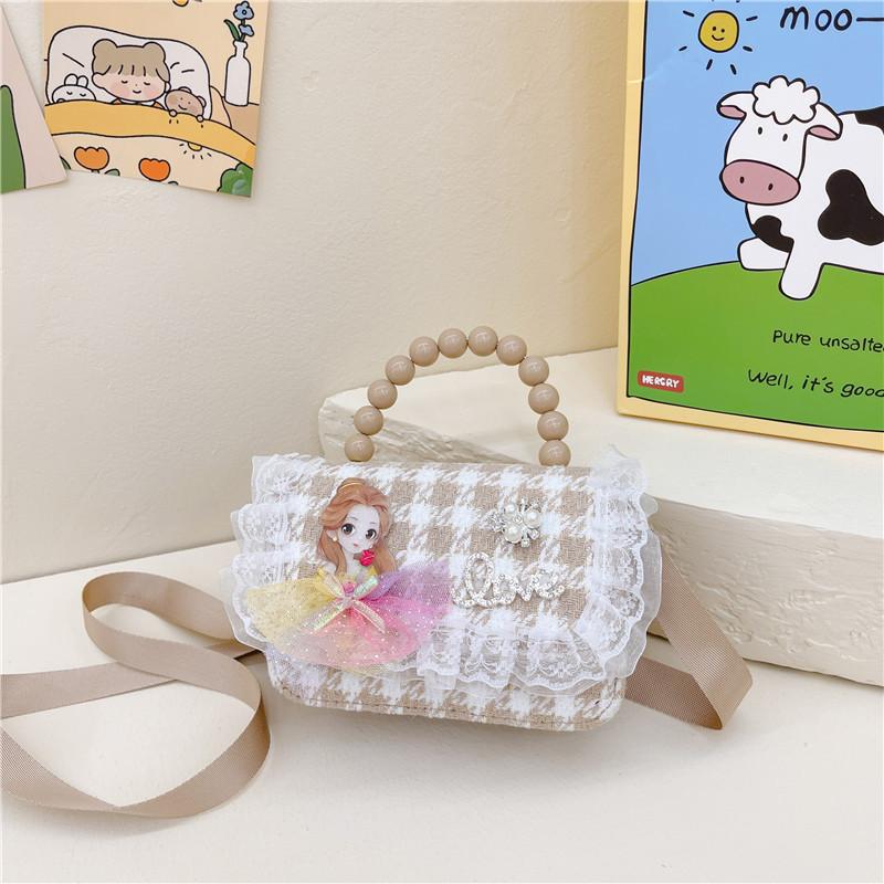 Fashion Simulation Pearl Bow Design Whoundstooth Pattern Children Shoulder Bag For Daily Use