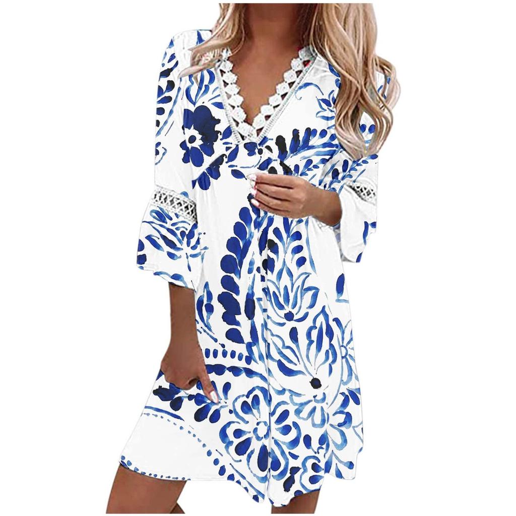 Fashion Women's V-neck Printed Lace Patchwork Bohemian Casual Resort Dress
